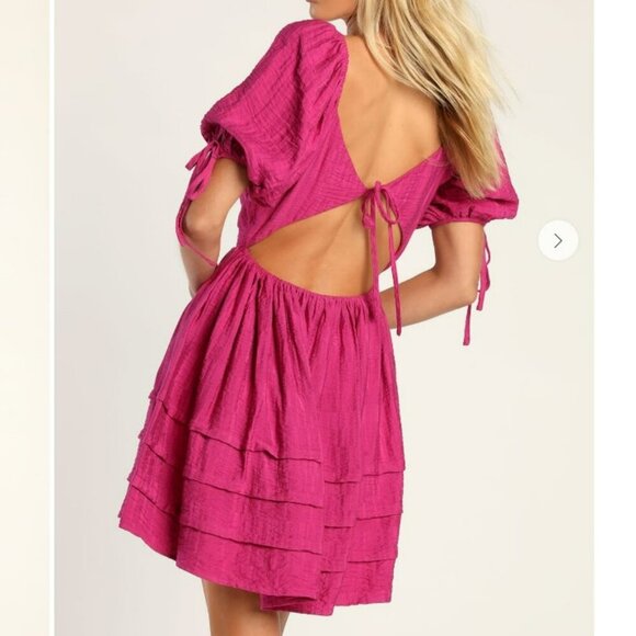 Lulu's Always Precious Magenta Puff Sleeve Tiered Tie Back Mini Dress Size L - Picture 4 of 13